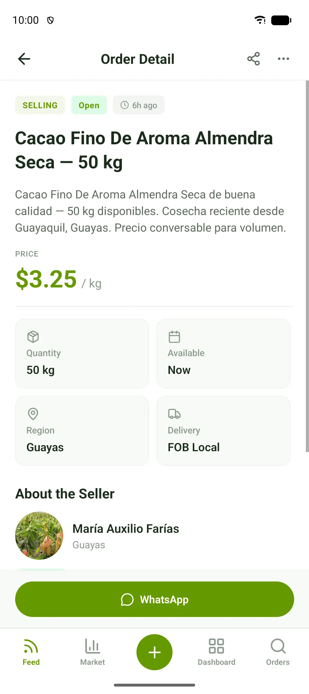 Cacao sell order detail with the WhatsApp button