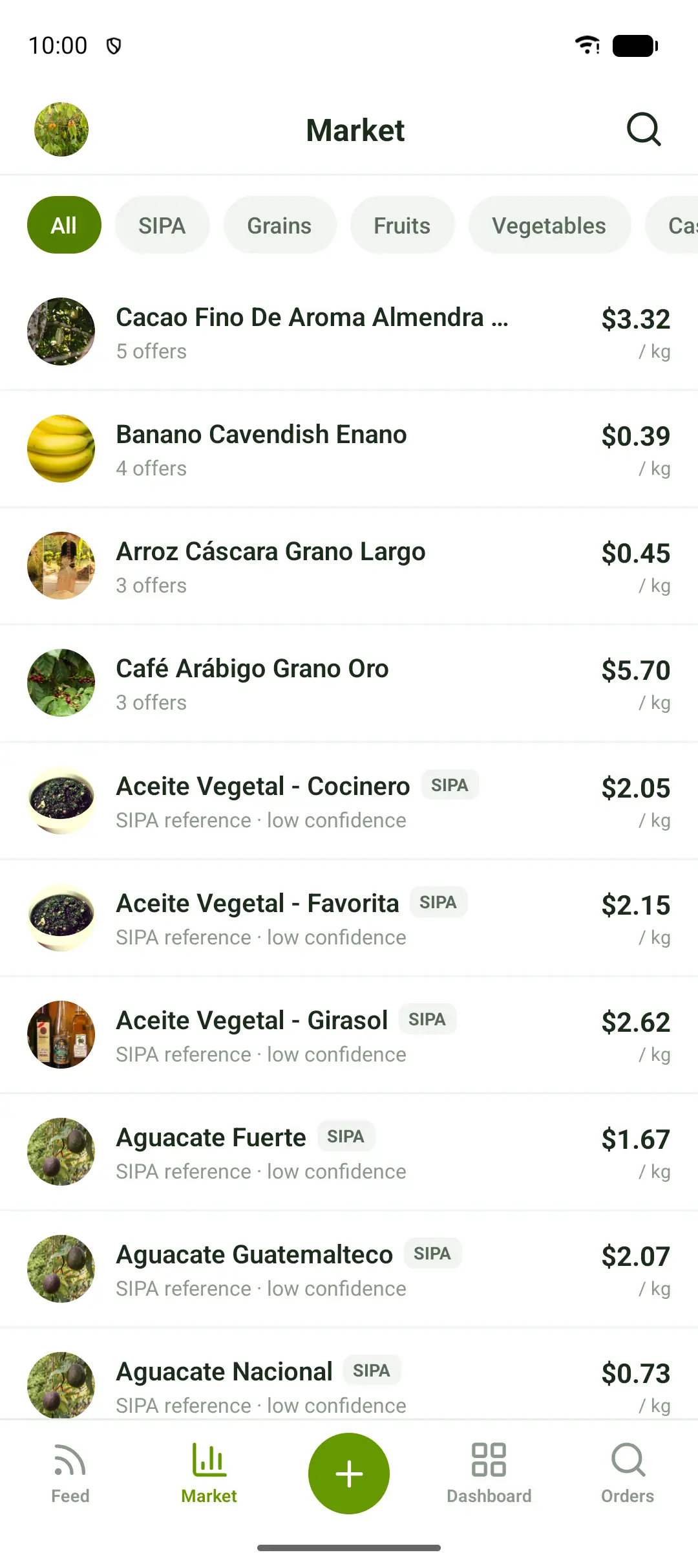 Market screen with the crop list and prices
