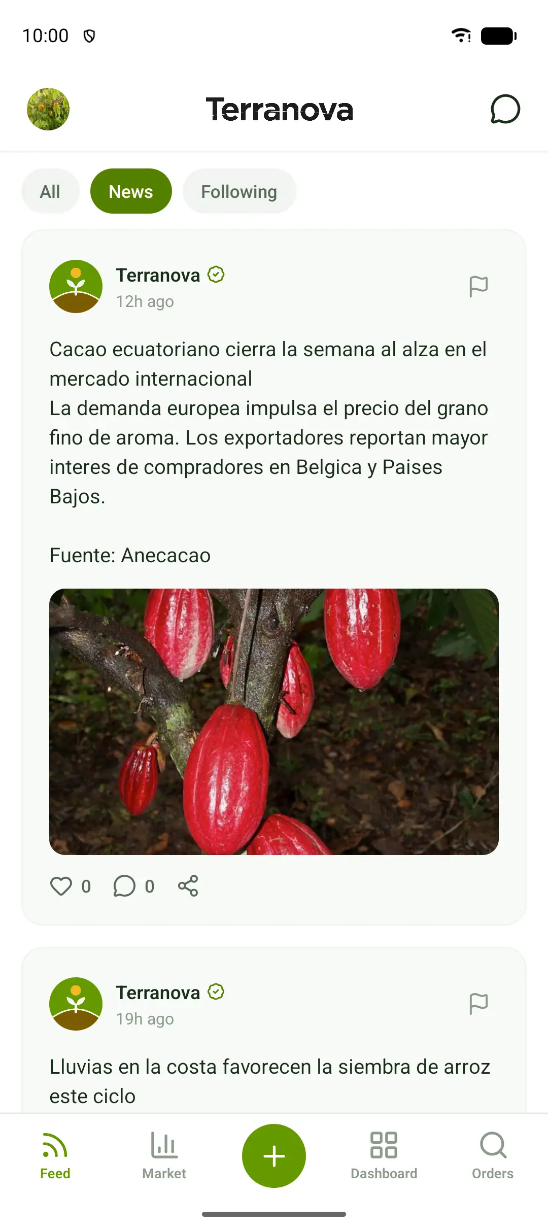 Agri news feed with a post from Terranova's own account