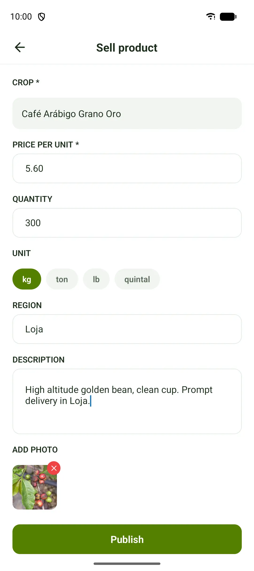 Form to post a coffee sale order with a photo